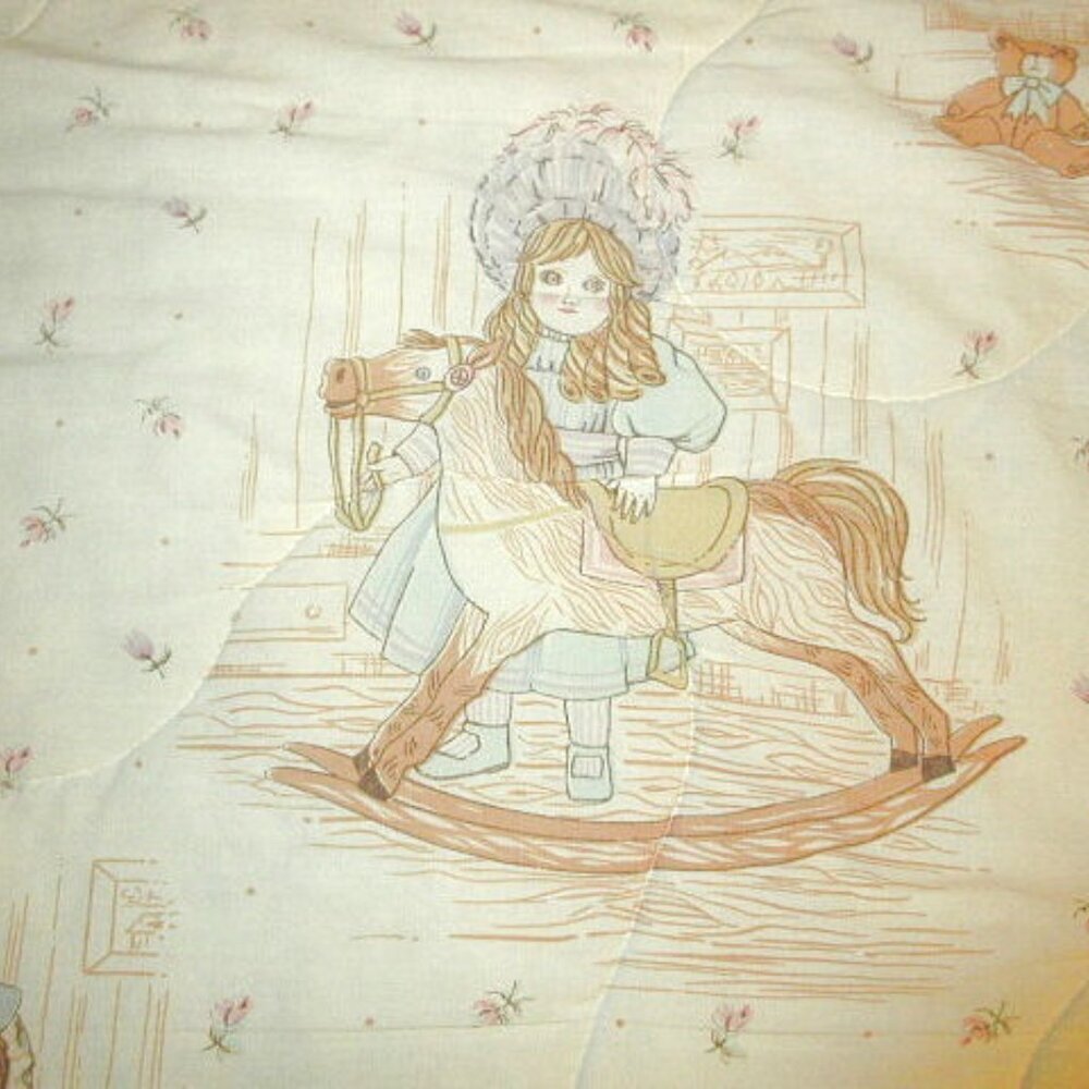 Vtg Victorian Doll Crib Quilt Toddler Bed Reversible Horse Bear Girl Friends - Picture 3 of 13